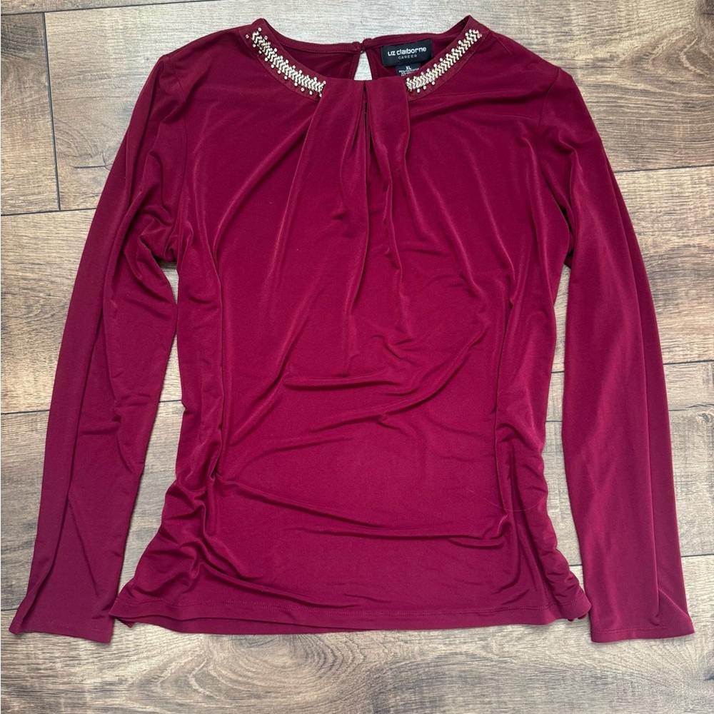 Liz Claiborne Women's Burgundy Blouse with Chain Accent